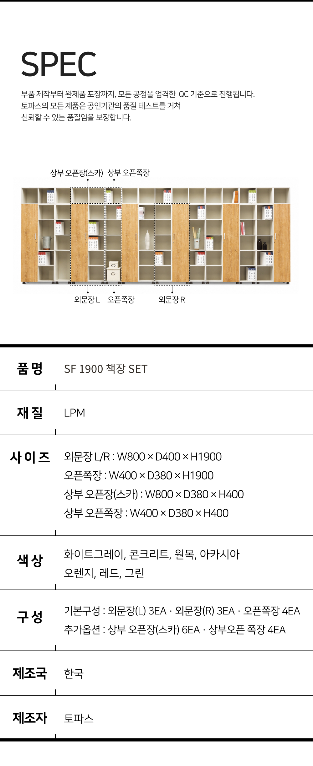 토파스 SF 1900 책장세트 구성과 LPM 재질 사이즈 색상 상세 규격